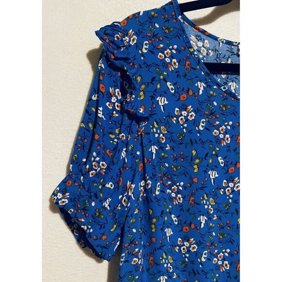 Solitaire Top Womens Large Blue Floral Ruffle Embroidered Scalloped Hem Romantic - Picture 3 of 9